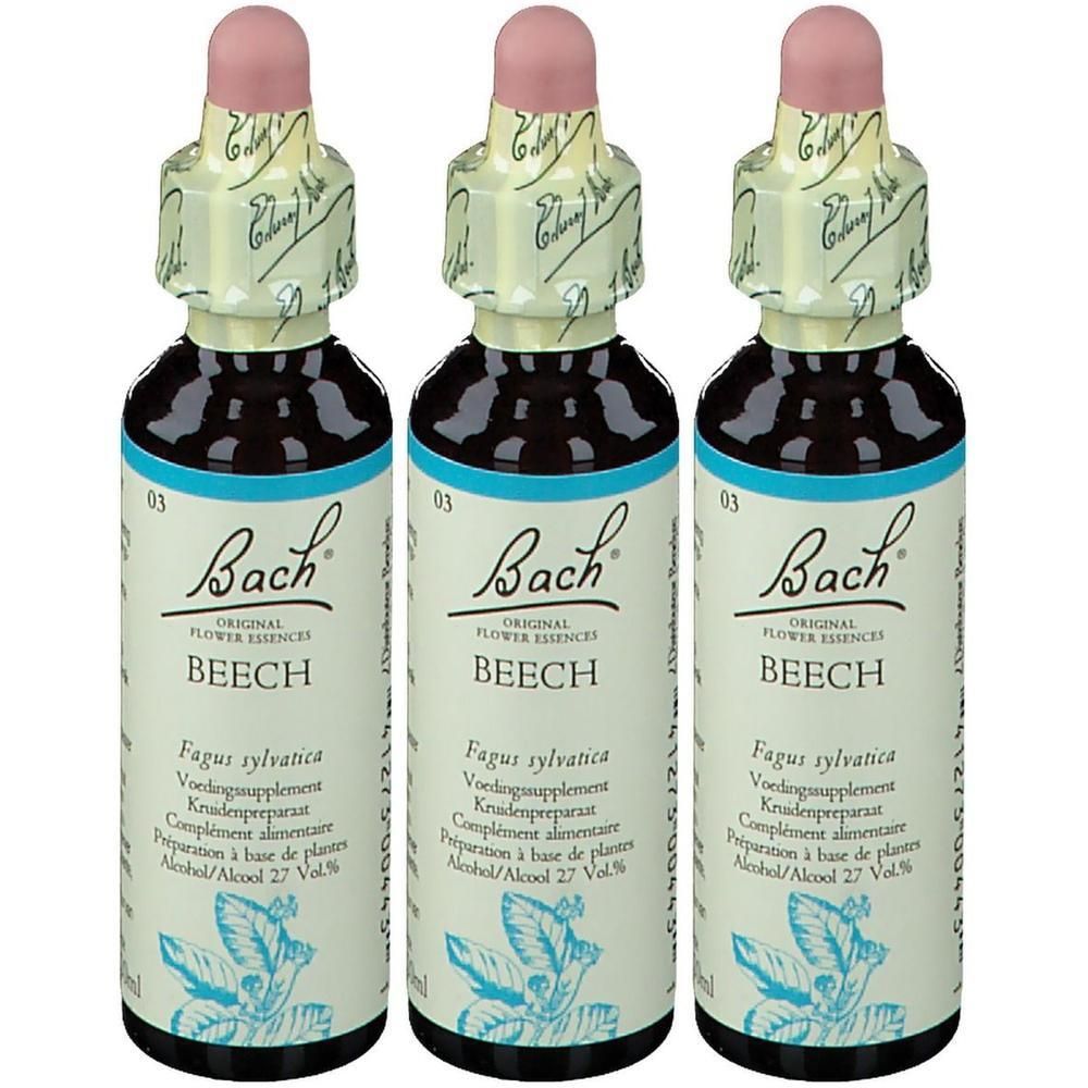 Drie flessen met bruine vloeistof. Opschrift: Bach, BEECH. Met roze dop en wit etiket met blauwe tekst.