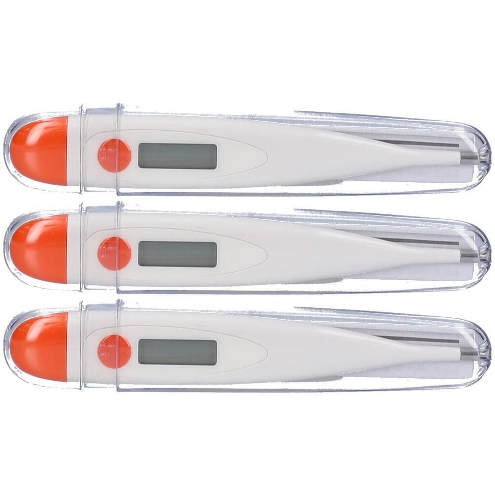Trois thermomètres numériques avec embouts orange et écrans. Chaque thermomètre est dans un étui de protection transparent.