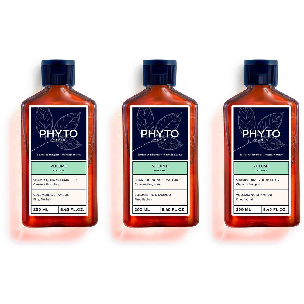 Trois flacons de shampooing. Étiquette: PHYT, Volume, Shampooing Volumateur. 250 ml.