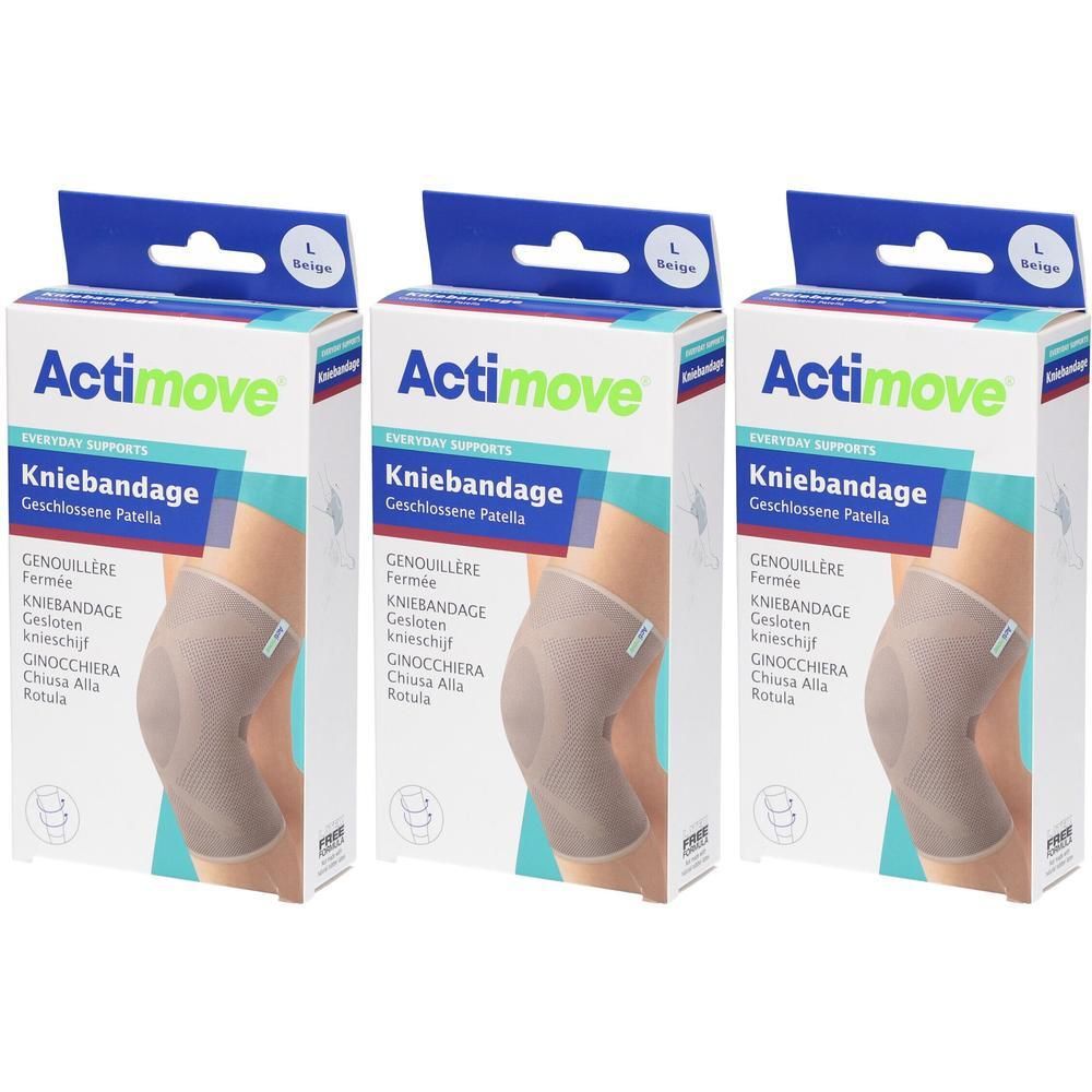Trois boîtes de genouillère Actimove. Genouillère beige illustrée sur l'emballage. Taille L. Texte : Kniebandage, Geschlossene Patella.
