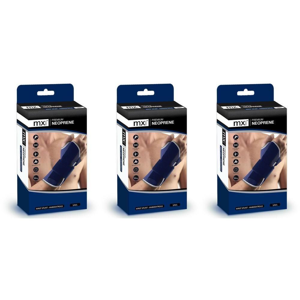 Drie dozen polssteunen van neopreen. Elke doos toont een arm met een blauwe brace.