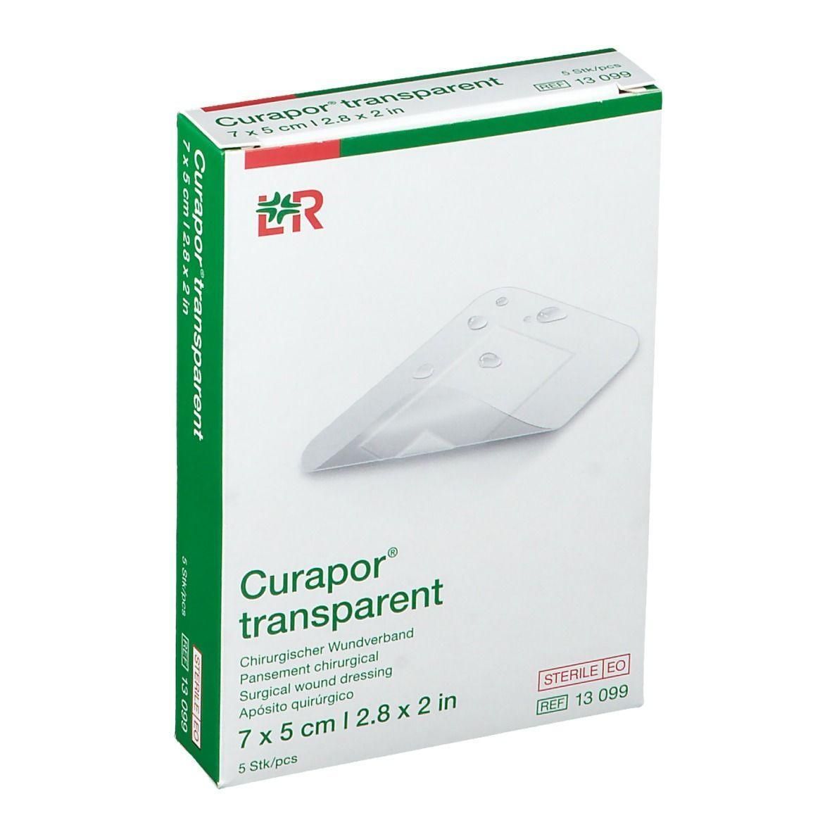 Emballage de pansement transparent. Inscription : Curapor transparent, 7 x 5 cm. Emballage vert et blanc avec logo.