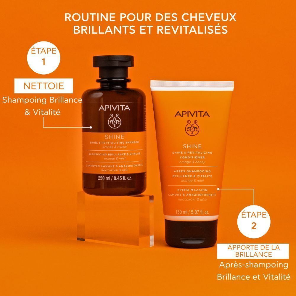 Apivita Shine Shampooing Brillance & Vitalité et après-shampooing. Texte: Routine pour des cheveux brillants et revitalisés, Étape 1, Étape 2.
