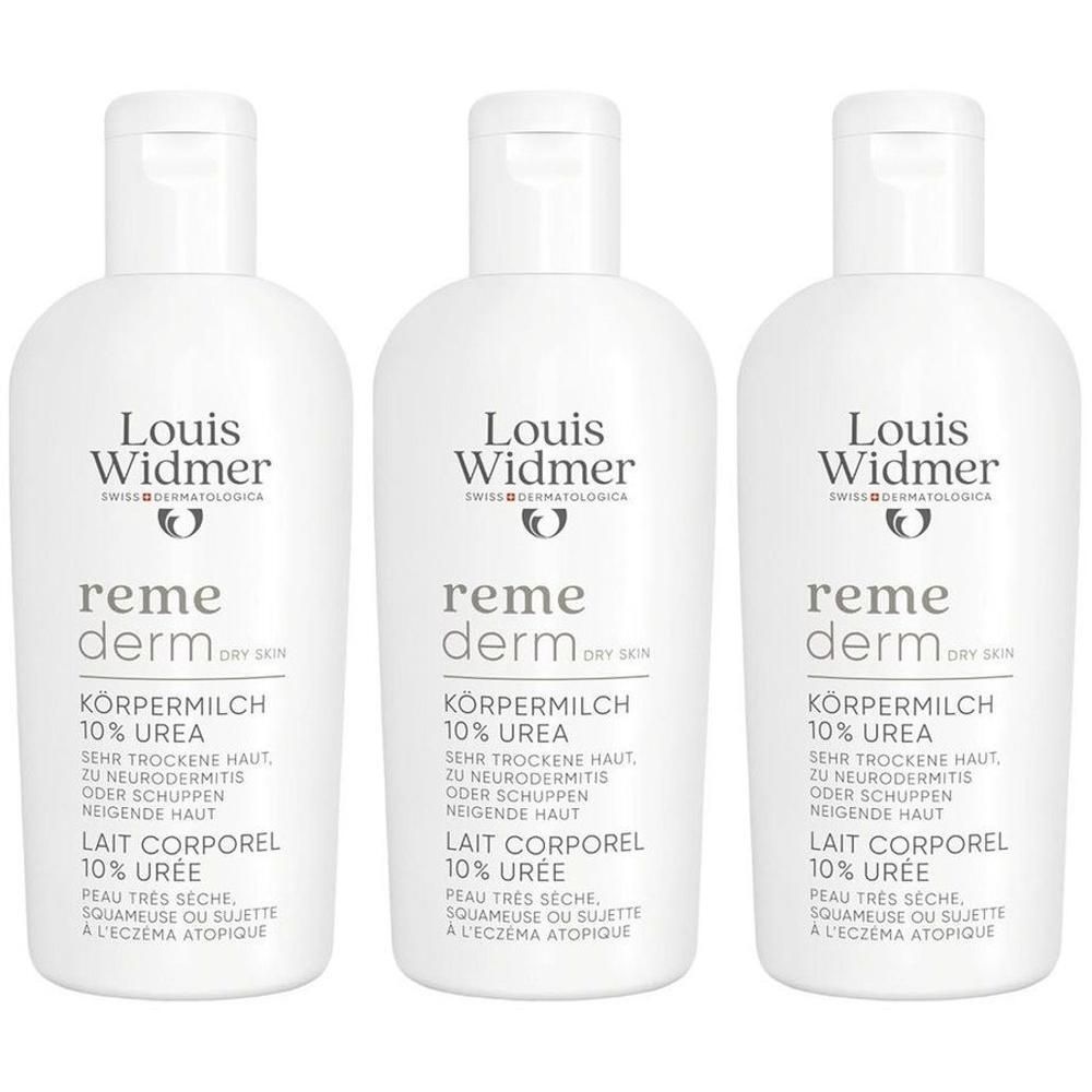 Drie witte flessen Louis Widmer Remederm 10% Urea voor droge huid. Met klapdeksel.
