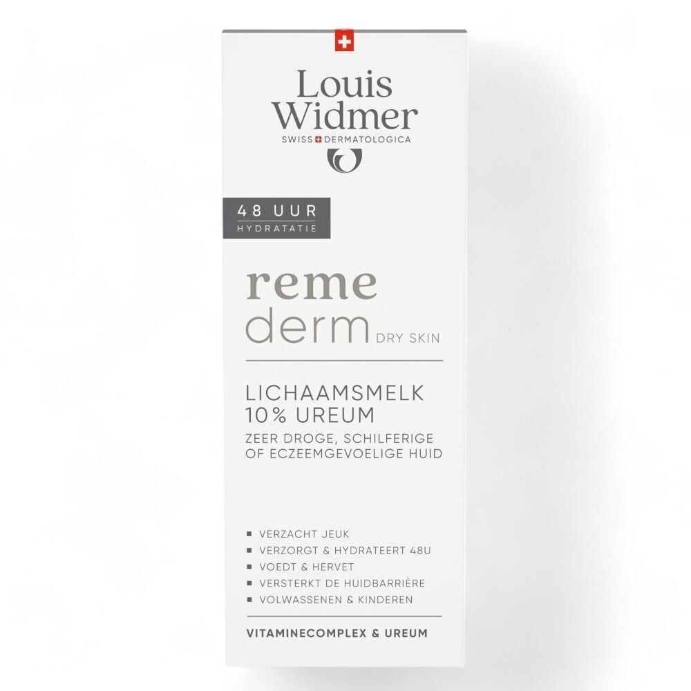 Emballage blanc Louis Widmer Remederm 10% Urée. Texte: 48h Hydratation, pour peaux sèches, squameuses ou sujettes à l'eczéma.