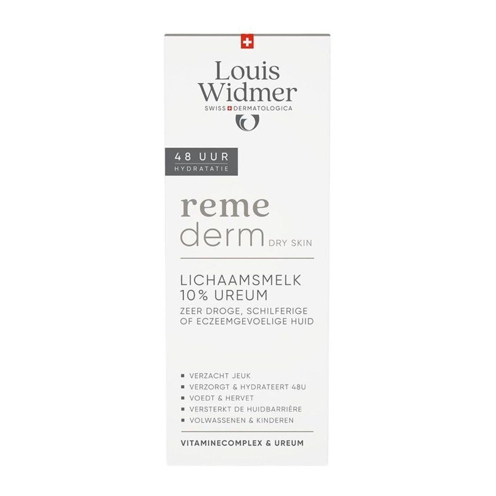 Witte verpakking Louis Widmer Remederm 10% Urea. Tekst: 48u Hydratatie, voor droge, schilferige of eczeemgevoelige huid.