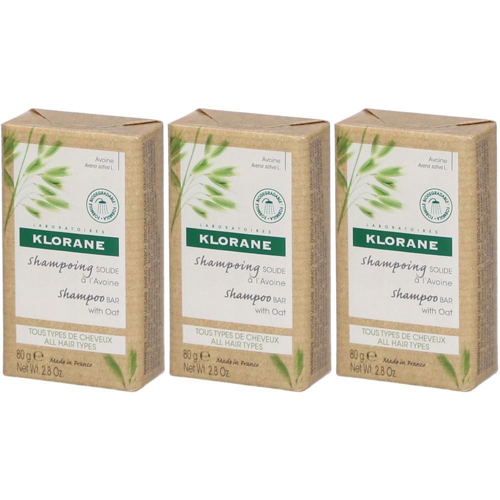 Trois emballages rectangulaires. Inscription : Klorane, Shampoing solide à l'Avoine, Shampoo Bar with Oat. Pour tous types de cheveux.