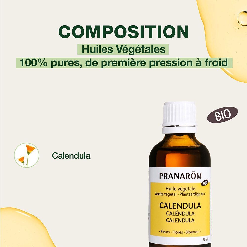Texte: 100% huiles pures et naturelles. Certification Bio. Première pression à froid.