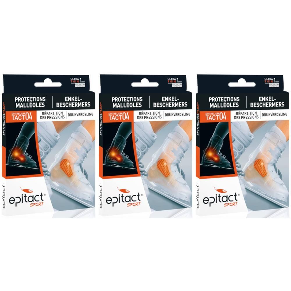 Trois boîtes de protections malléoles Epitact® Sport. Emballage noir avec image produit et texte. Marque Epitact® visible.