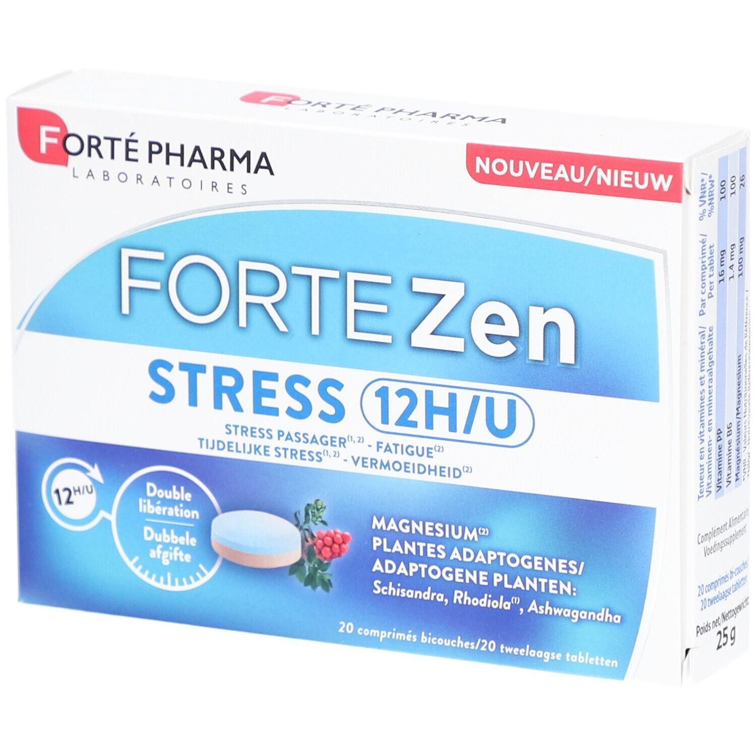 Boîte de Forté Zen Stress 12H/U. Inscription : Stress, 12H/U, Magnésium, plantes adaptogènes. 20 comprimés.