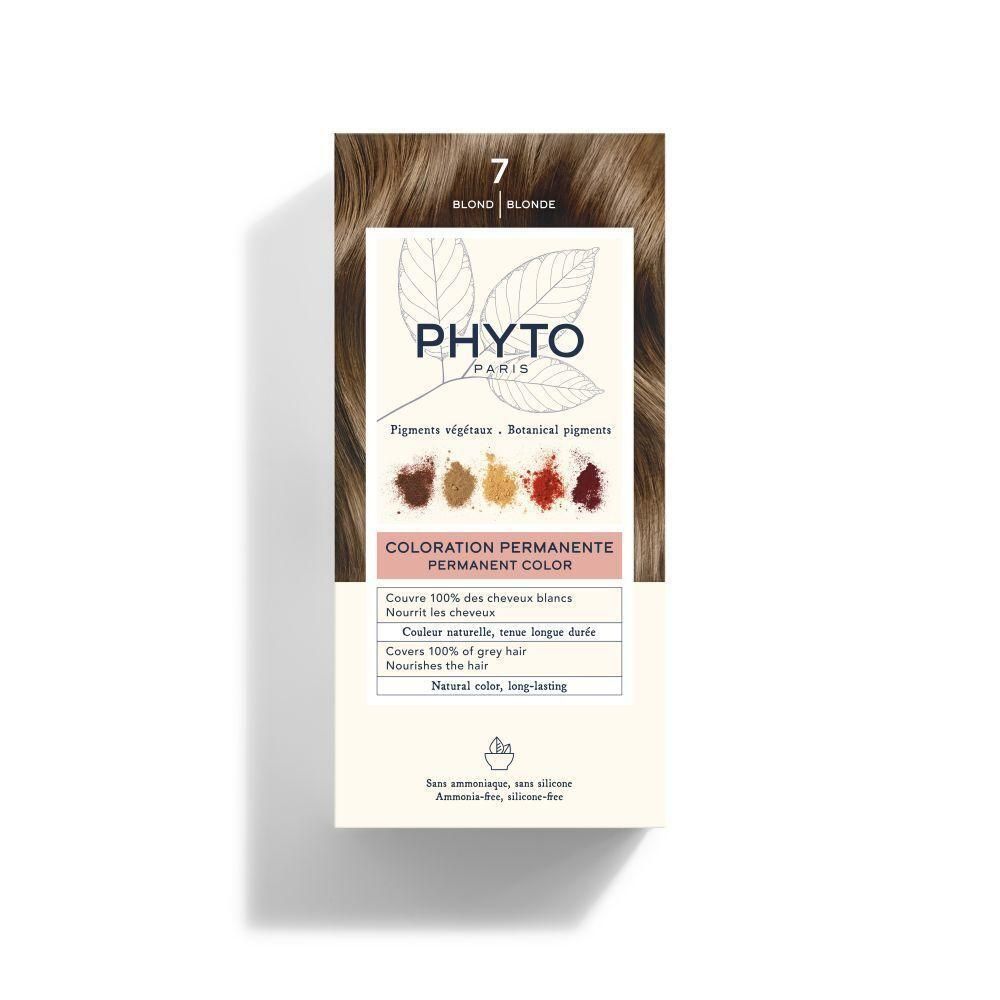 Verpakking haarkleurmiddel. Opschrift: PHYTO PARIS, Coloration Permanente. Tint 7 Blond. Bevat botanische pigmenten.