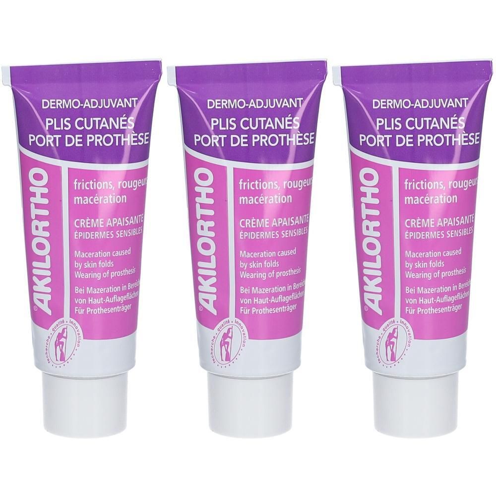 Trois tubes de crème. Inscriptions: AKILORTHO, DERMO-ADJUVANT, PLIS CUTANÉS, PORT DE PROTHESE. Couleur violette et blanche.