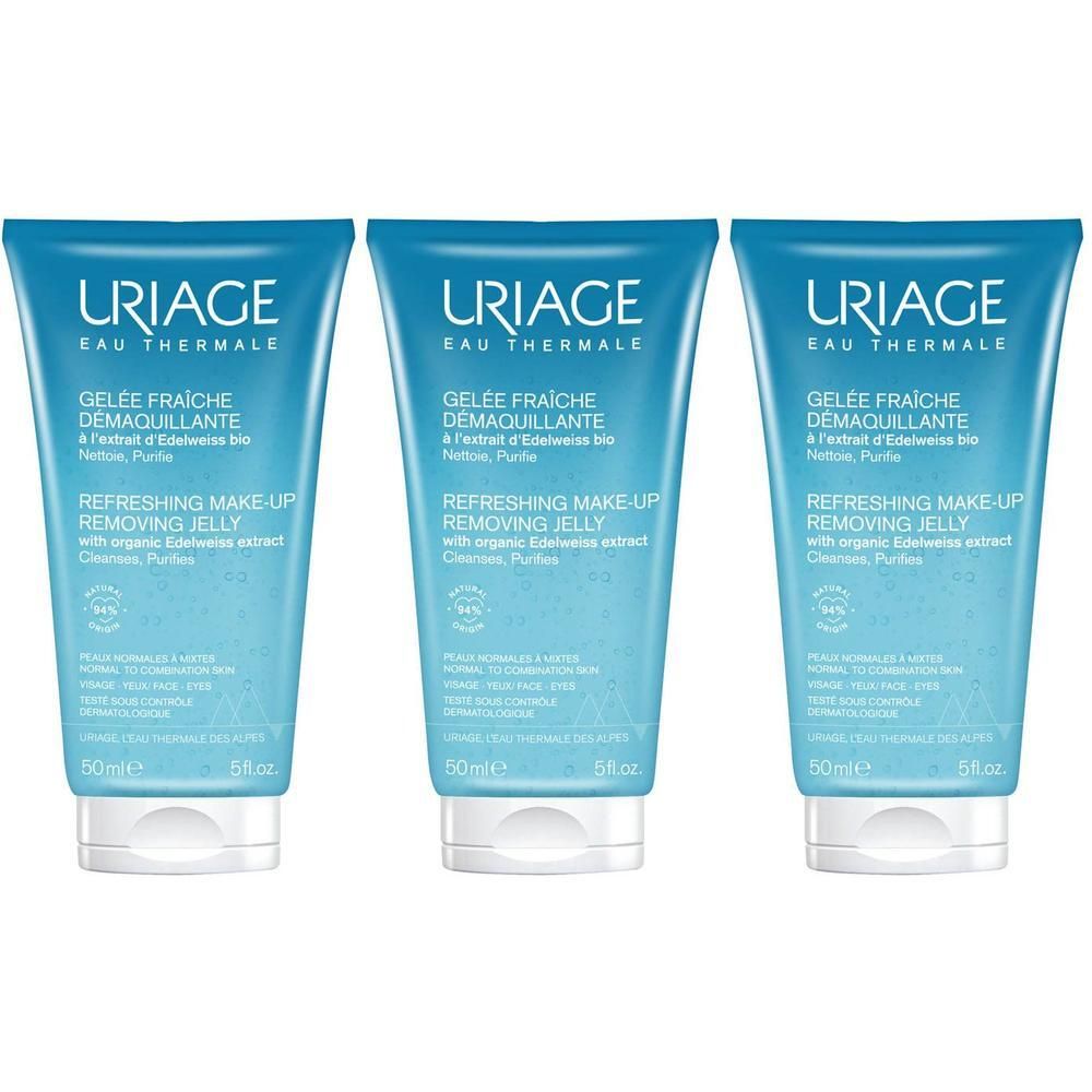 Trois tubes de Gelée Fraîche Démaquillante Uriage. Emballage bleu et blanc. Texte et logo visibles.