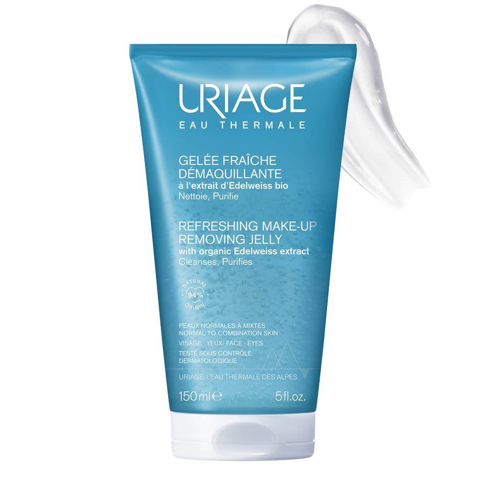 Tube de Gelée Fraîche Démaquillante Uriage. Emballage bleu et blanc. Produit et texte visibles.