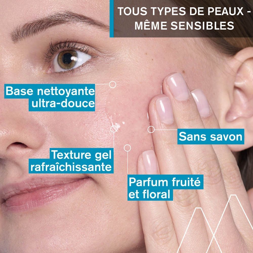 Visage d'une femme. Texte avec caractéristiques du produit : nettoyage doux, texture rafraîchissante, sans savon, parfum fruité.