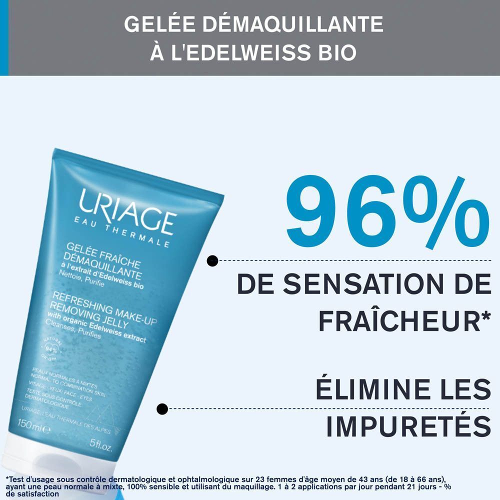 Tube de produit avec texte. 96% de sensation de fraîcheur. Élimine les impuretés. Texte sur contrôle dermatologique.