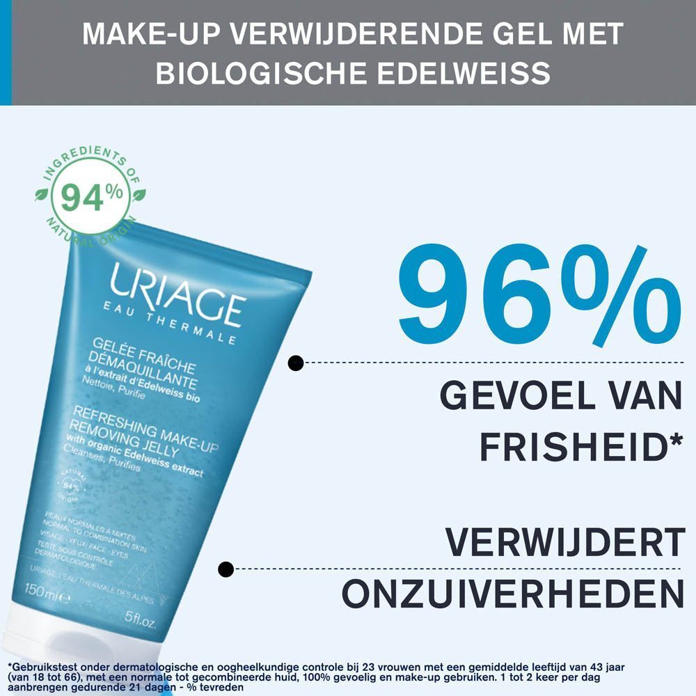 Producttube met tekst. 96% fris gevoel. Verwijdert onzuiverheden. Tekst over dermatologische controle.
