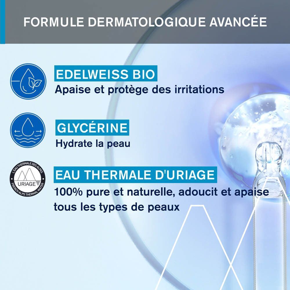Graphique avec caractéristiques du produit. Edelweiss Bio, Glycérine, Eau Thermale Uriage. Testé dermatologiquement.