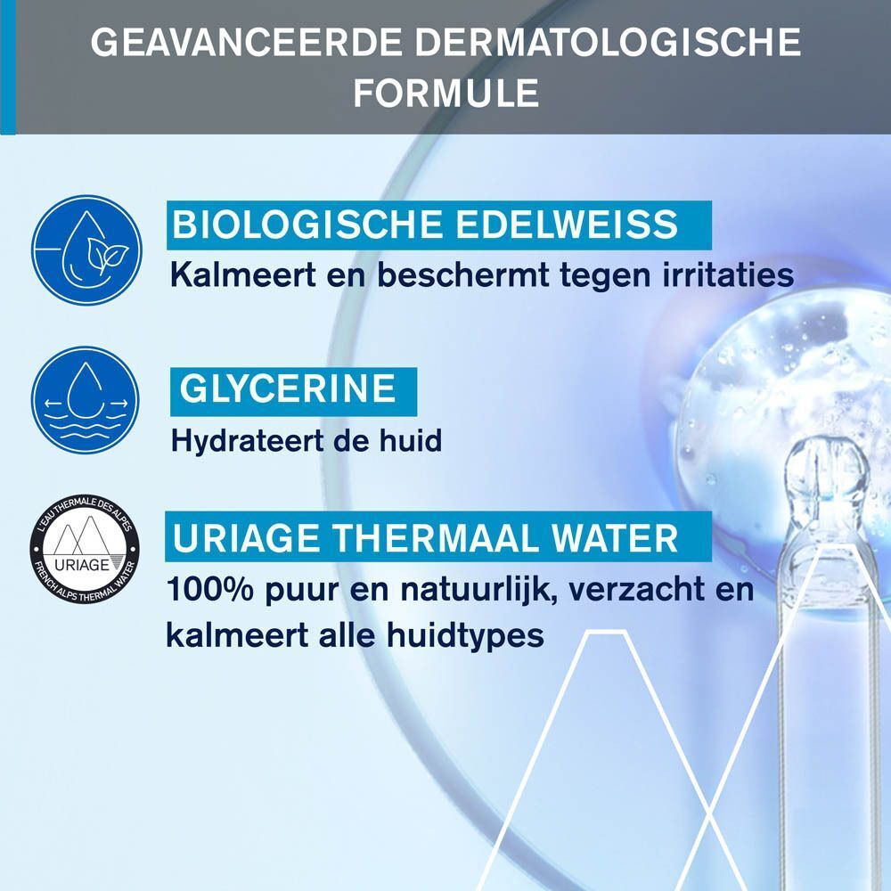 Grafiek met productkenmerken. Biologische Edelweiss, Glycerine, Uriage Thermaal Water. Dermatologisch getest.