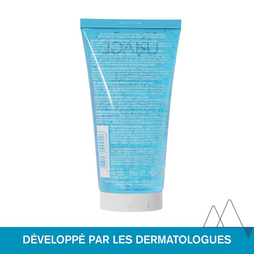 Dos du tube Gelée Fraîche Démaquillante Uriage. Texte et code-barres visibles.