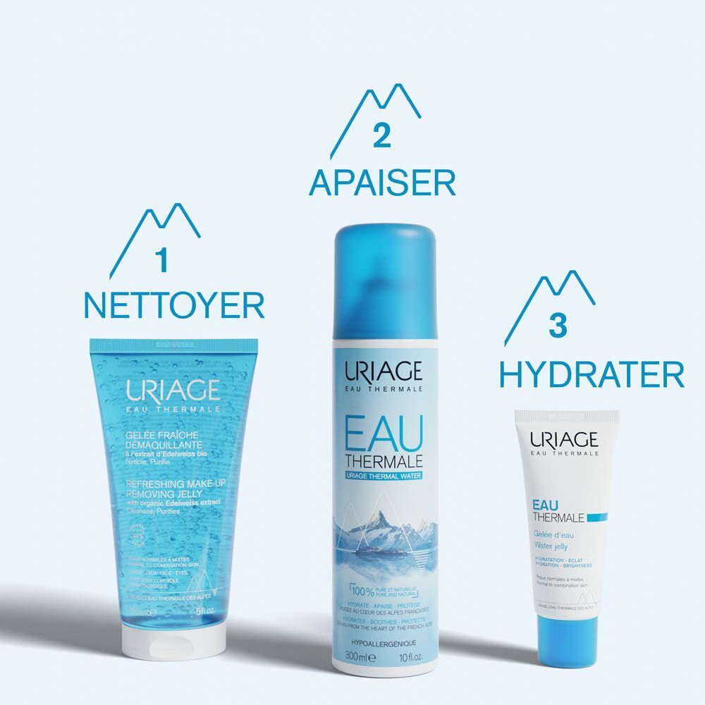 Trois produits Uriage : Gelée Fraîche Démaquillante, Eau Thermale, Eau Thermale. Texte et logo visibles.