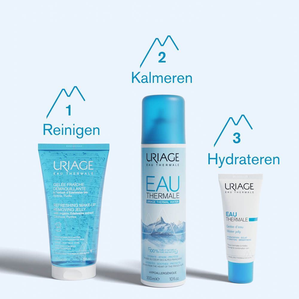 Drie Uriage producten: Gelée Fraîche Démaquillante, Eau Thermale, Eau Thermale. Tekst en logo zichtbaar.