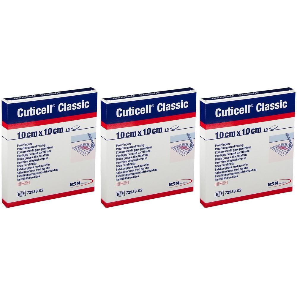 Trois boîtes de Cuticell Classic, 10cm x 10cm. Emballage bleu, rouge et blanc avec informations et logo.