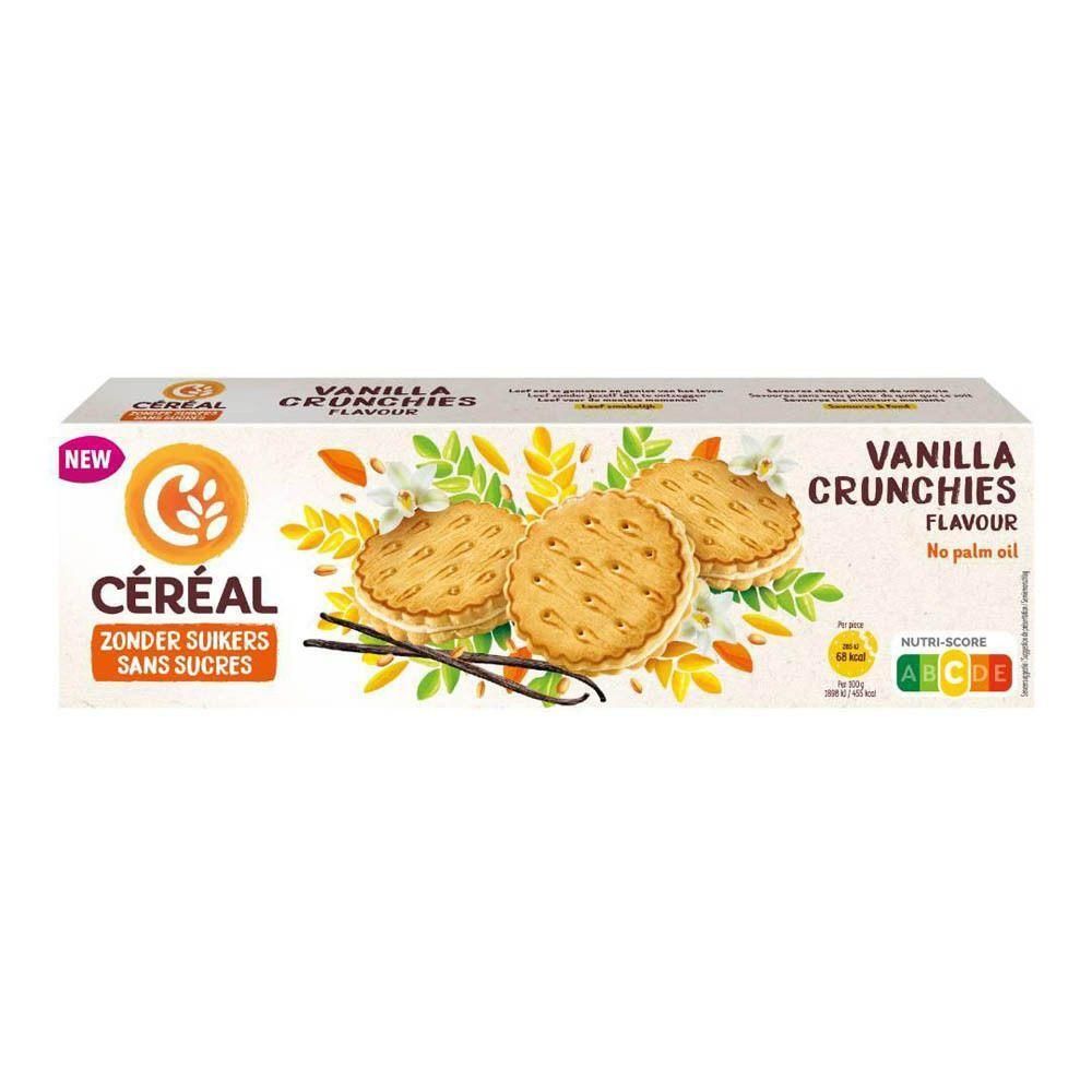 Boîte de Céréal Vanilla Crunchies. Inscription : Zonder Suikers, Sans Sucres. Visuel : biscuits, gousses de vanille, fleurs.
