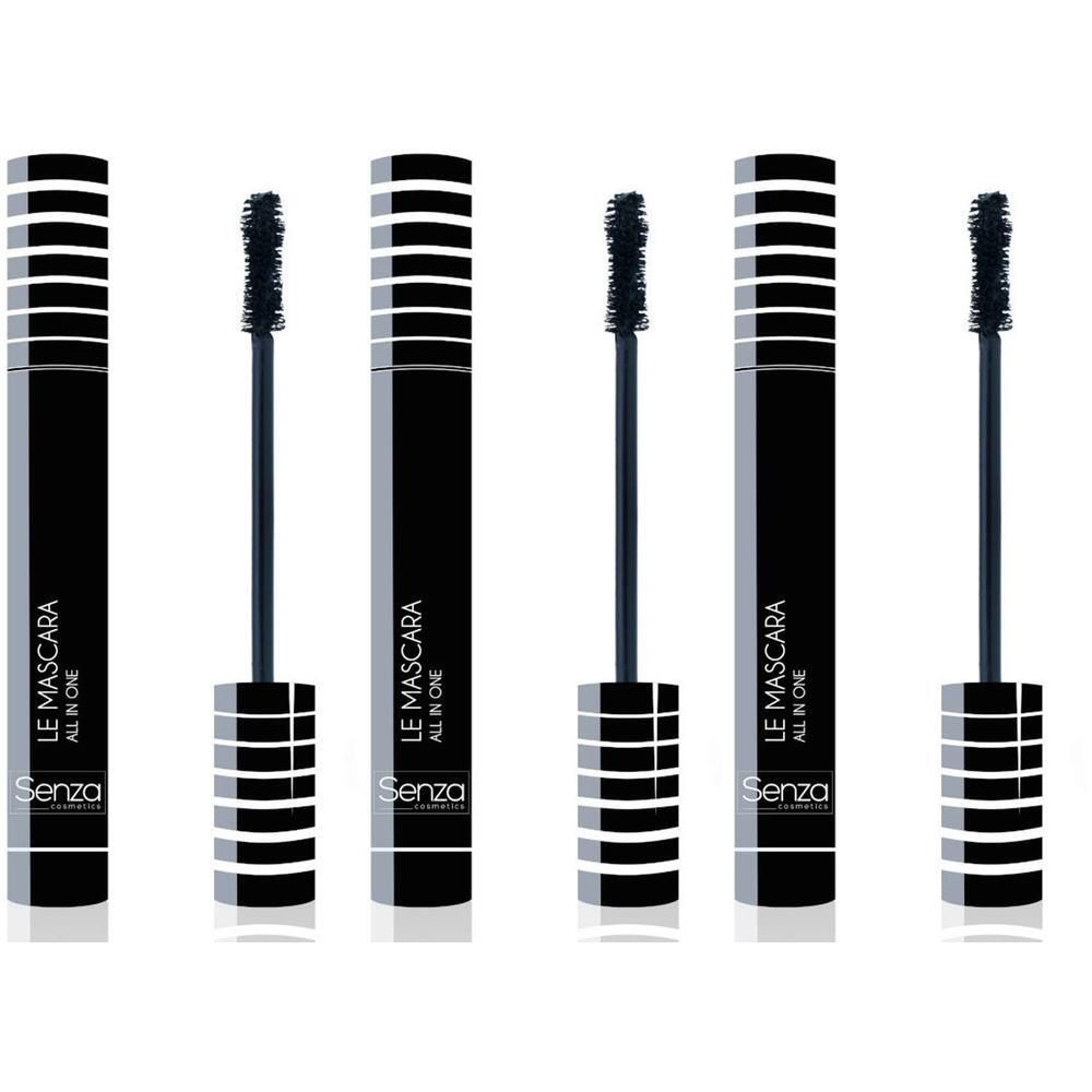 Quatre tubes de mascara noirs avec brosses. Chaque tube porte l'inscription « LE MASCARA ALL IN ONE » et « Senza ». Les bouchons sont rayés de blanc.