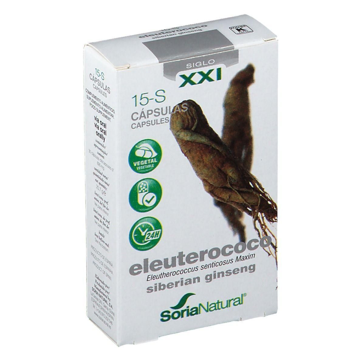 Witte doos met tekst "15-S CAPSULAS". Logo "VEGETAL". Tekst "eleuterococo" en "siberian ginseng". Merk SoriaNatural.