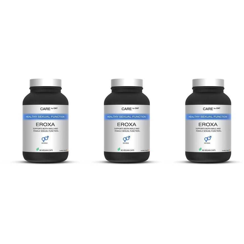 Drie zwarte flessen met zilveren doppen. De etiketten tonen "CARE by QNT", "HEALTHY SEXUAL FUNCTION" en "EROXA".