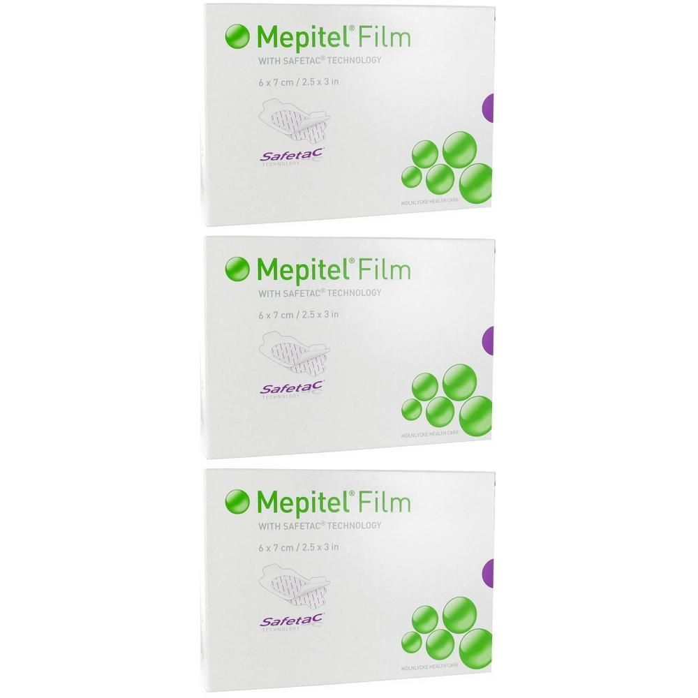 Trois boîtes blanches avec "Mepitel Film". Chaque boîte affiche des sphères vertes et le logo Safetac. Dimensions : 6x7cm.