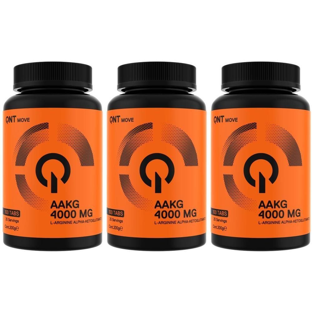 Trois flacons orange avec couvercles noirs. Chaque flacon porte l'inscription "QNT MOVE AAKG 4000 MG".