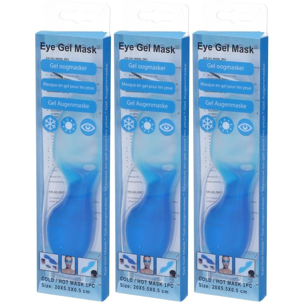 Drie blauwe gel oogmaskers in verpakking. Opschrift: Eye Gel Mask. Afmetingen: 20x5,5x0,5 cm. Voor koud of warm gebruik.