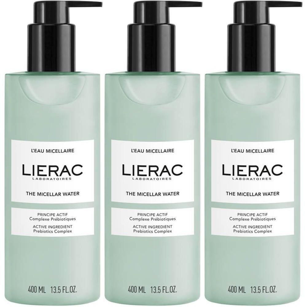 Drie flessen Lierac L'Eau Micellaire. Lichtgroene vloeistof, zwarte pompsluiting, wit etiket met productinformatie.