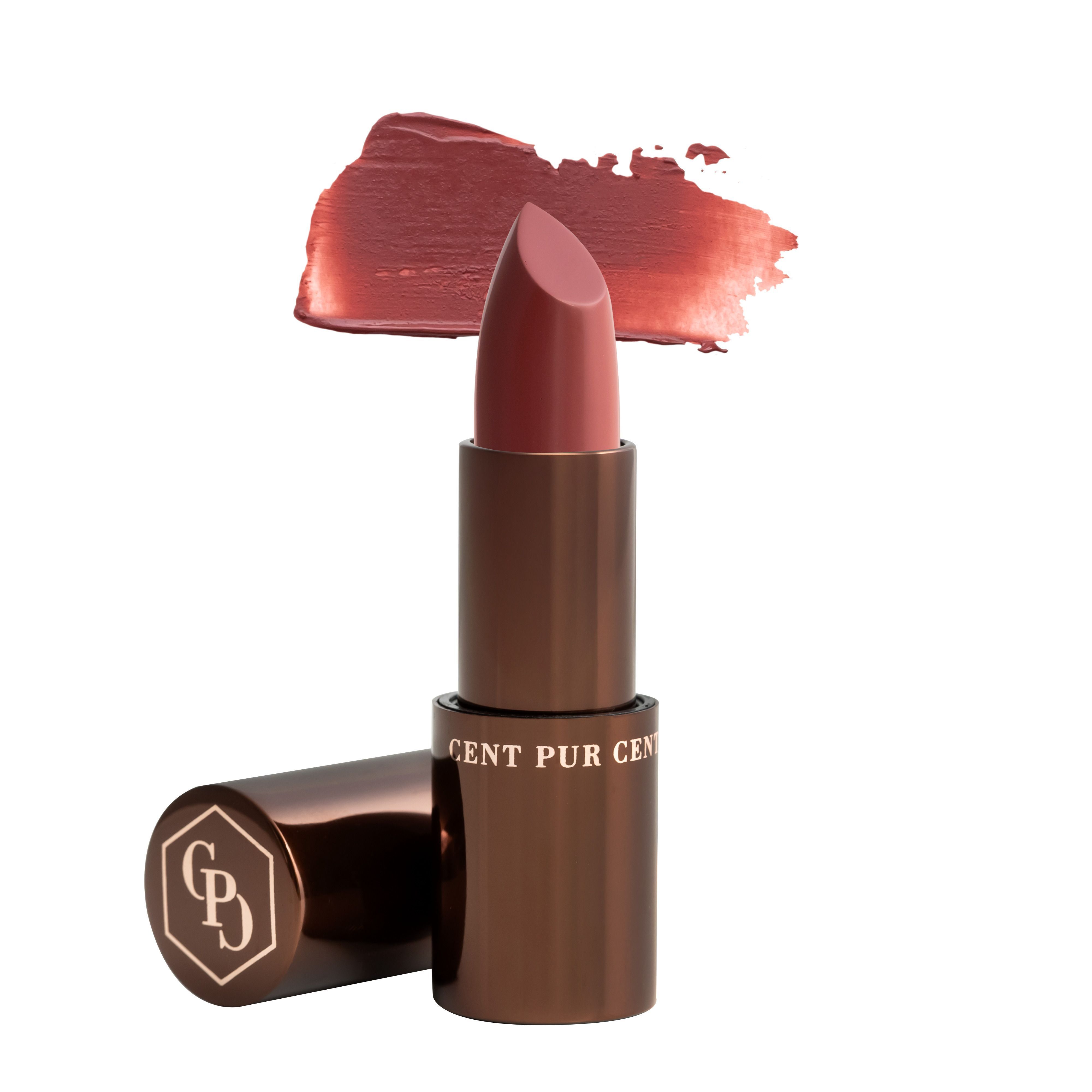 Lippenbalsemstift met bruine huls en roze lippenstift. Kleurveeg. Opschrift: CENT PUR CENT.
