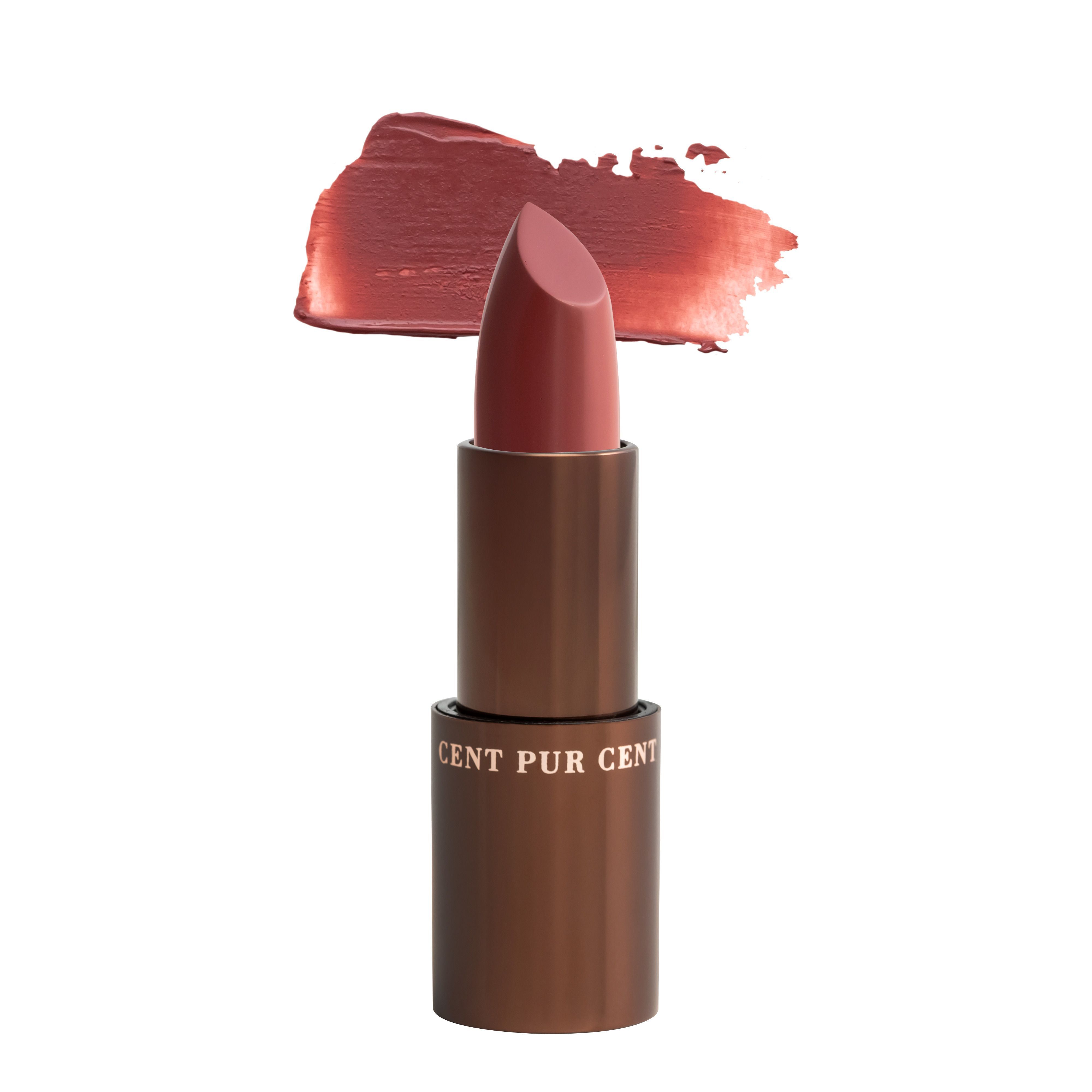 Lippenbalsemstift met bruine huls en roze lippenstift. Kleurveeg. Opschrift: CENT PUR CENT.