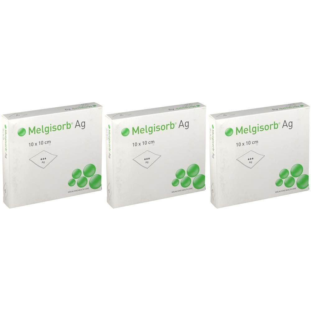 Trois boîtes de Melgisorb Ag, 10 x 10 cm. Boîtes blanches avec logo vert et nom du produit. Impression avec taille et symboles.