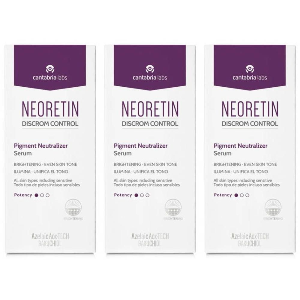 Trois boîtes NEORETIN. Inscription: DISCROM CONTROL, Pigment Neutralizer Serum. Couleurs: violet et blanc. Marque: cantabria labs.