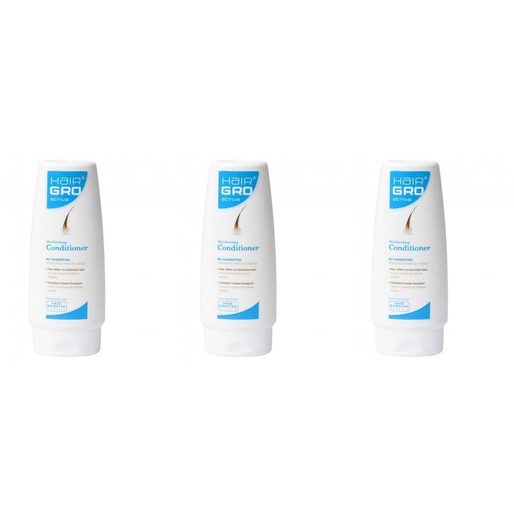Drie witte flessen met blauw-wit etiket. Opschrift: HairGro, Conditioner. Afgebeeld is een haarsymbool.