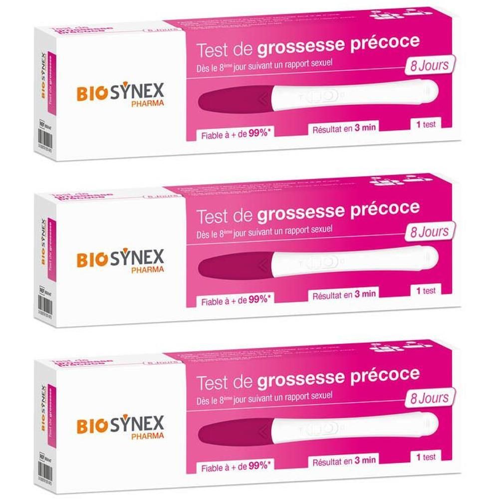 Trois boîtes de test de grossesse BIOSYNEX. Emballage rose et blanc avec image de test. Texte: "Test de grossesse précoce".