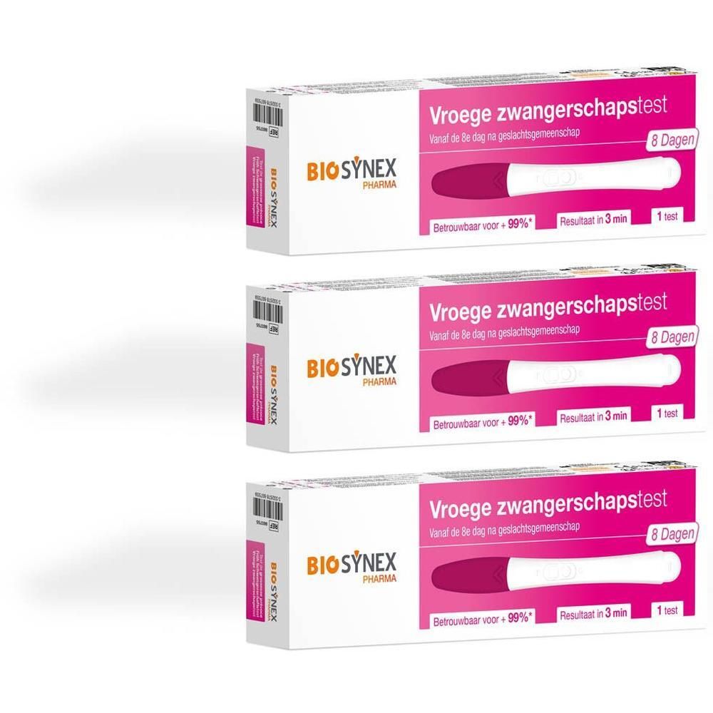 Drie dozen BIOSYNEX zwangerschapstest. Roze-witte verpakking met teststrip afbeelding. Tekst: "Vroege zwangerschapstest".