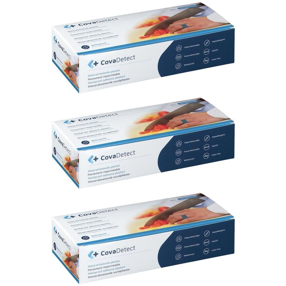 Drie dozen CovaDetect. Op elke doos staat de merknaam en een afbeelding van een hand met een blauwe ring.