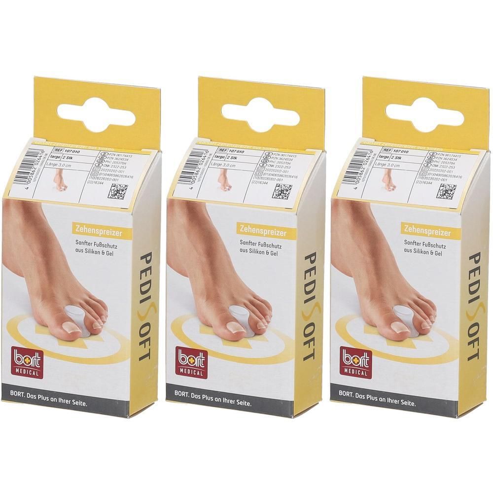 Trois boîtes de Bort Pedisoft Epandeur Orteil Silicone Large. Chaque boîte montre un pied avec un écarteur d'orteils.