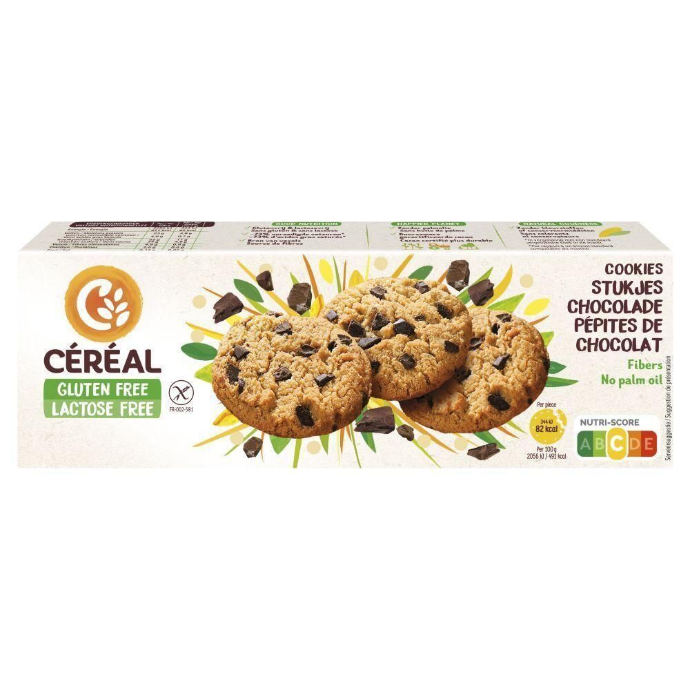 Verpakking Céréal Cookies met chocoladestukjes. Glutenvrij, lactosevrij. Bevat vezels, geen palmolie. Nutri-Score.