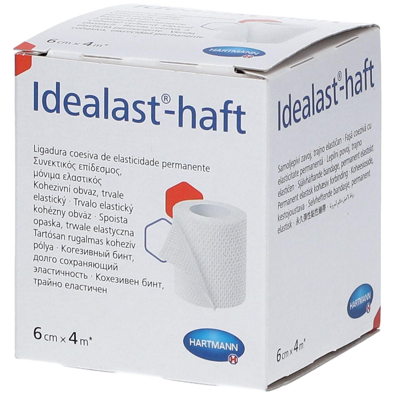 Verpakking Idealast-haft. Afmeting: 6 cm x 4 m. Merk: HARTMANN. Rol verband afgebeeld.