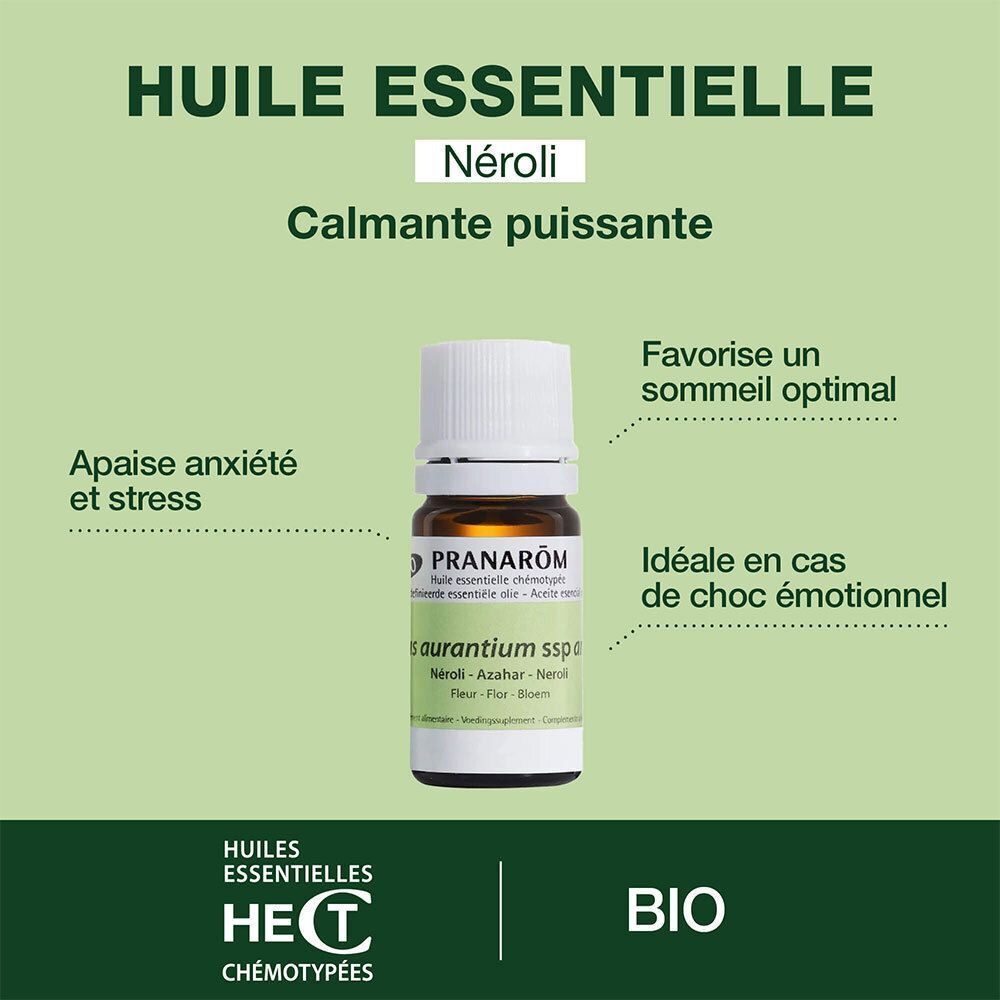 Publicité pour l'huile essentielle Néroli. Flacon avec étiquette, texte: Pranarôm, aurantium ssp. bio.