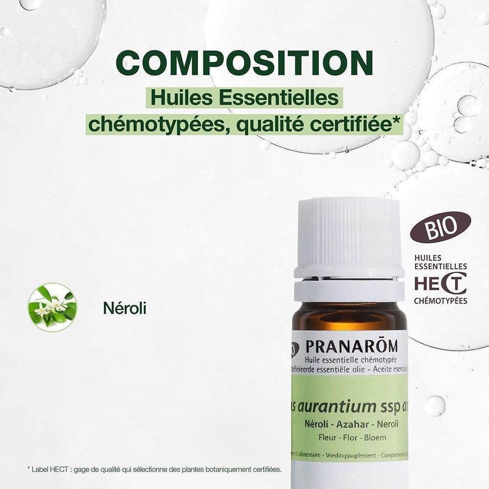 Publicité pour l'huile essentielle Néroli. Flacon avec étiquette, texte: Pranarôm, aurantium ssp. bio.