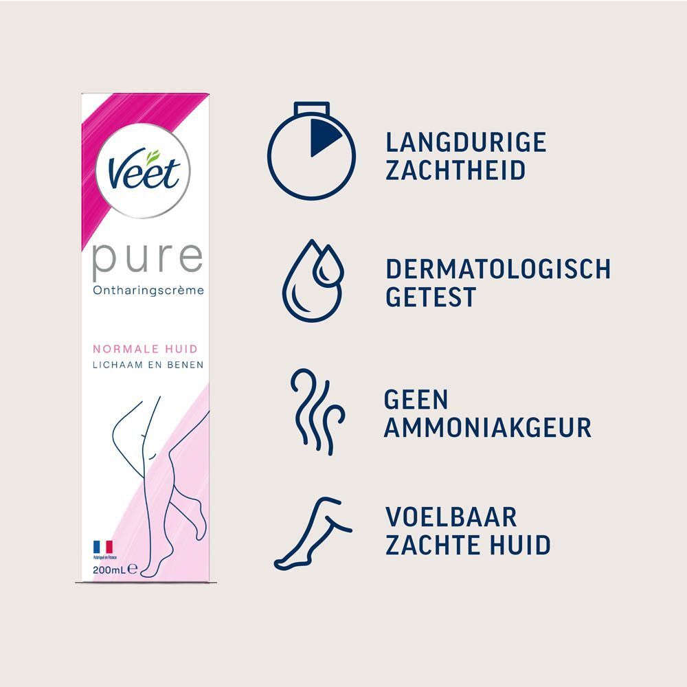 Veet Pure Crème Dépilatoire. Tekst: Langdurige zachtheid, dermatologisch getest, geen ammoniakgeur, voelbaar zachte huid.