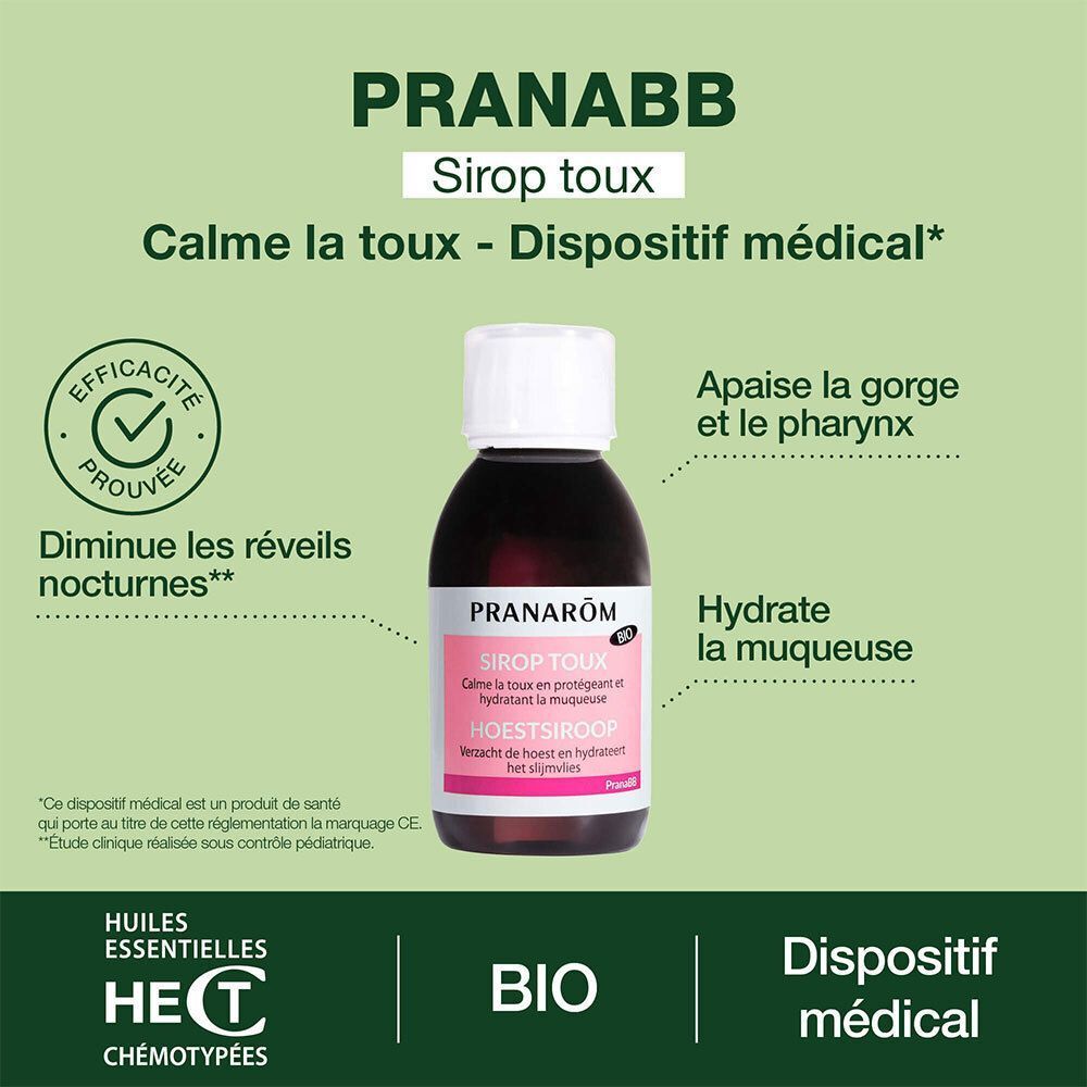Flacon PranaBB Sirop Toux. Texte: Calme la toux, Dispositif médical, Bio, HECT.